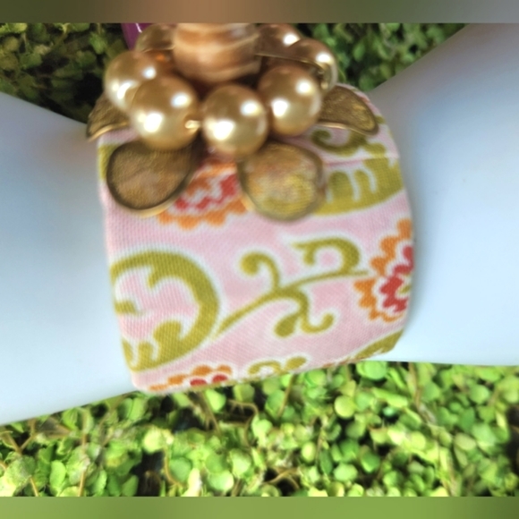 LENORA DAME Anthro Pleats Cottage Floral Fabric Gems Pearls Metal Cuff Bracelet - Picture 9 of 16